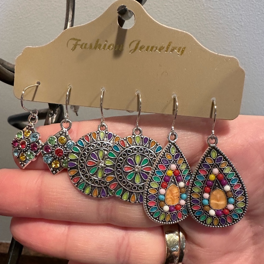 3 pair fashion jewelry multicolored pierced earrings boho NEW